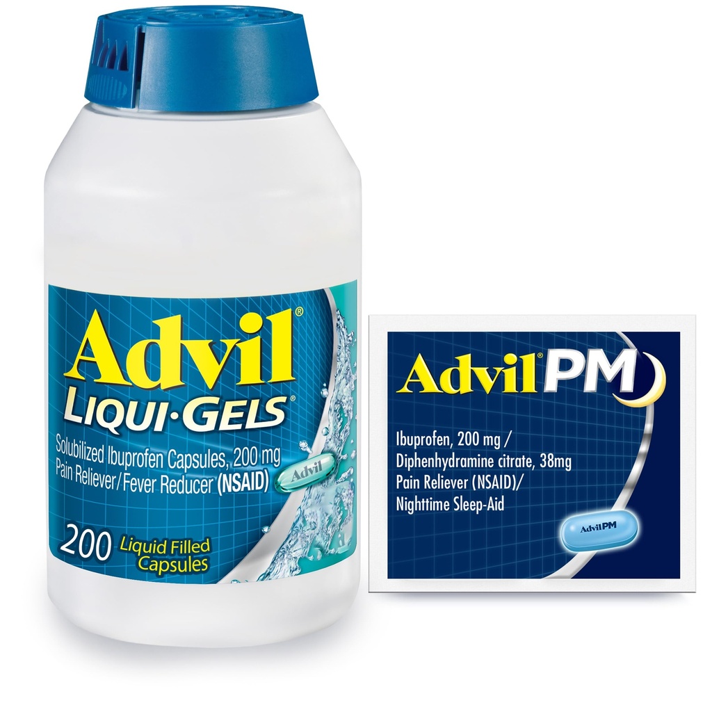 Advil Liqui-Gels Valu leevendaja ja palaviku vähendaja, valuvaigistid täiskasvanutele ibuprofeeniga 200mg peavalu, seljavalu, menstruaalvalu ja liigesevalu leevendamiseks - 200 kapslit, Advil PM Ibuprofeen - 2 Ct