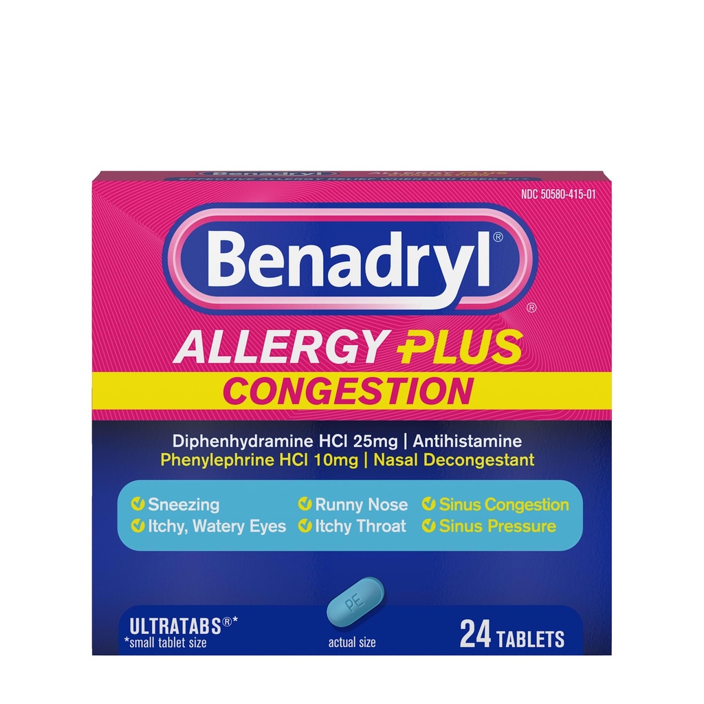 Benadryl Allergy Plus Congestion Ultratabs, Meditsiin Difenhüdramiin HCl Antihistamiin & Phenylephrine HCl Nasaalne dekongestant, Allergia & Siinus Ummistus Relief Tablets, 24 ct