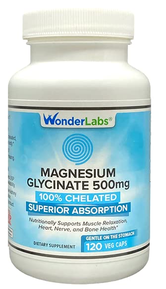 Wonder Laboratories Magneesium Glycinate 500mg, 100% Kelaaditud Superior Imendumine, Non-GMO, NO Gluteeni Piima & Soja, toetab lihaste, liigeste ja südame tervise (120)