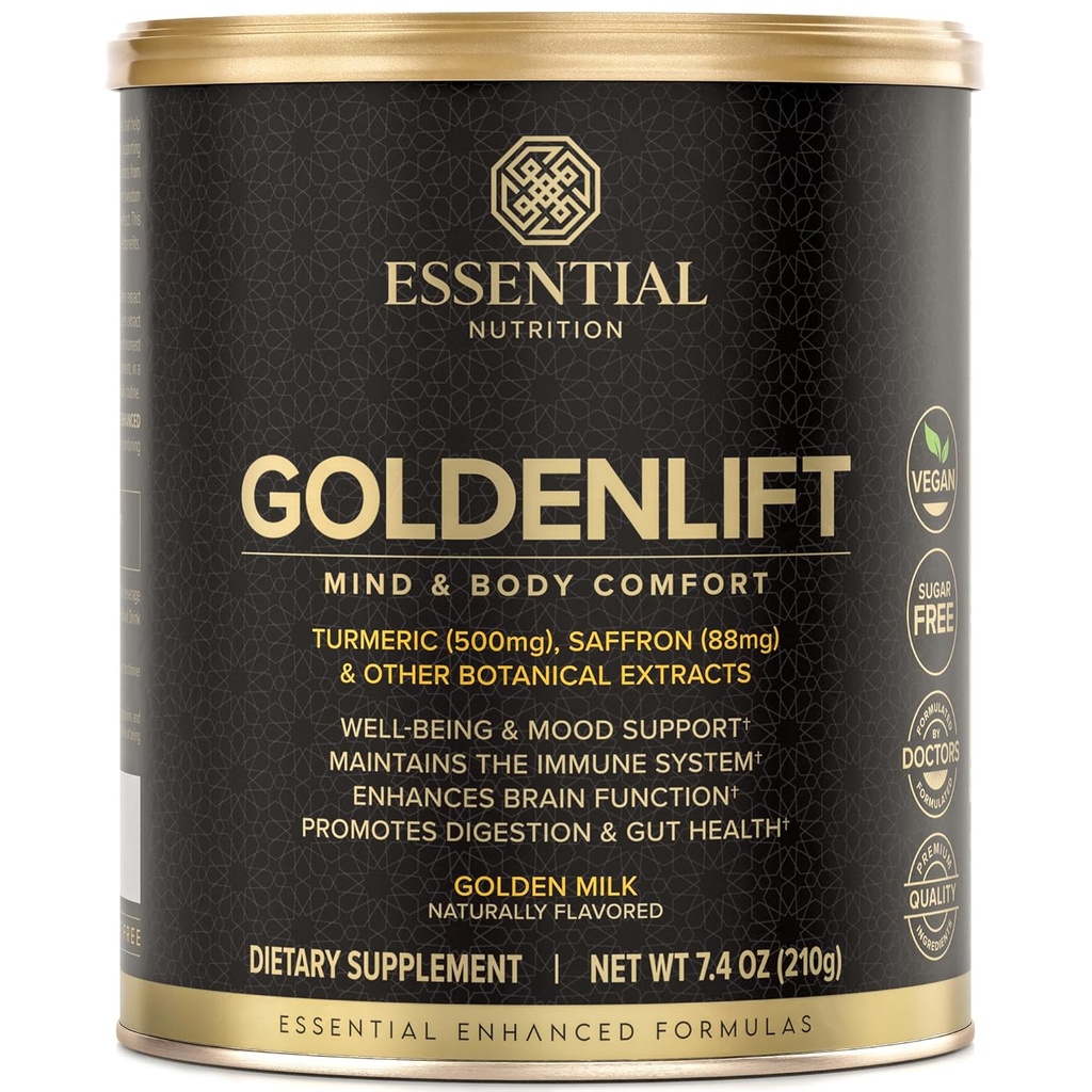 Essential Nutrition Golden Lift - Golden Milk Supplement - Vegan - Kurkum, safran, kaneel, Cayenne & Black pepper standardiseeritud ekstraktid - Mind & Body Comfort - 7,4 oz (30 Servings)