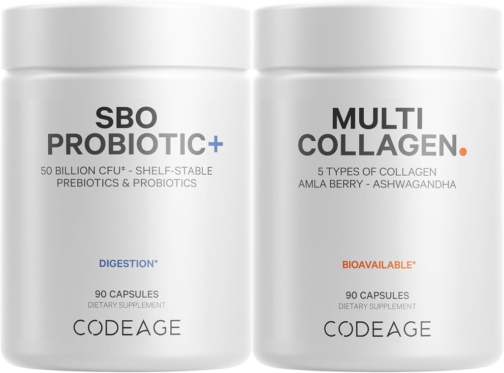 Codeage Multi Collagen Protein Capsules 5 Types, Ashwagandha Withania Somnifera & Organic Amla Berry + SBO Probiootiline Blend 50 miljardit CFU Bundle, Lactobacillus Plantarum, Bacillus Subtilis, Non-GMO