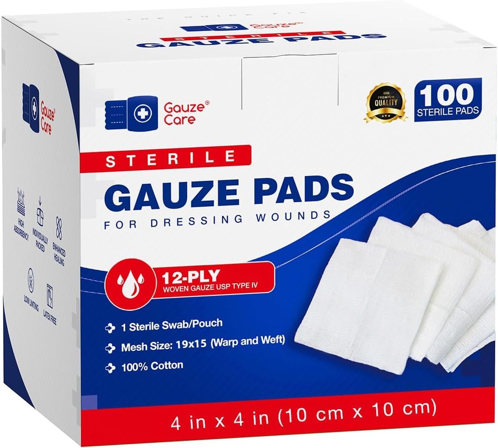 100pc Suured steriilsed marlipadjad 4x4 steriilsed haavade jaoks - 12ply Woven Gauze Sponges 4x4 Sterile - USP IV Hingatav võrk 4x4 Gauze Pads Steriil tõhustatud imendumiseks - esmaabi