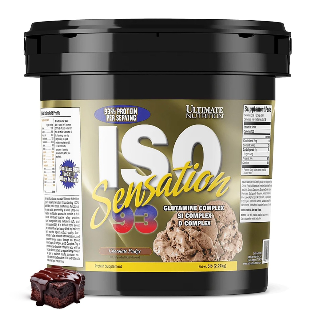 Ultimate Nutrition Iso Sensation 93 koos glutamiiniga, vadakuvalgu isolaatpulbriga, 30 grammi valku, madala süsivesikusisaldusega valku raputab, Keto Friendly, 5 naela, šokolaadipulga maitsestatud