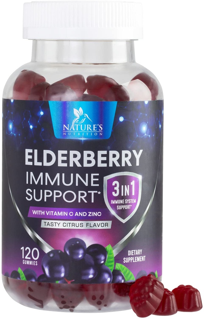 Elderberry Gummies koos vitamiin C, D3 ja tsink - Immune Support Gummy lastele ja täiskasvanutele, Black Elderberry Extract Gummy Immune Health Support Supplement, Black Elder Berry Vitamiin - 120 Gummies