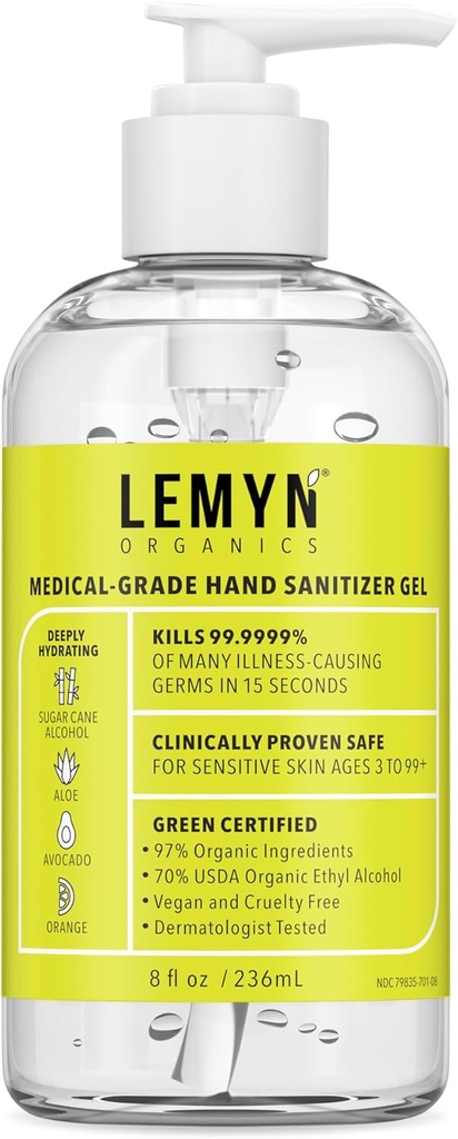 Medical-Grade Hand Sanitizer Gel – 97 % orgaaniline | 70 % USP Etüülalkohol | niisutav aaloe + hüaluroonhape | Värskelt valmistatud USAs | 8oz Pudel pumbaga
