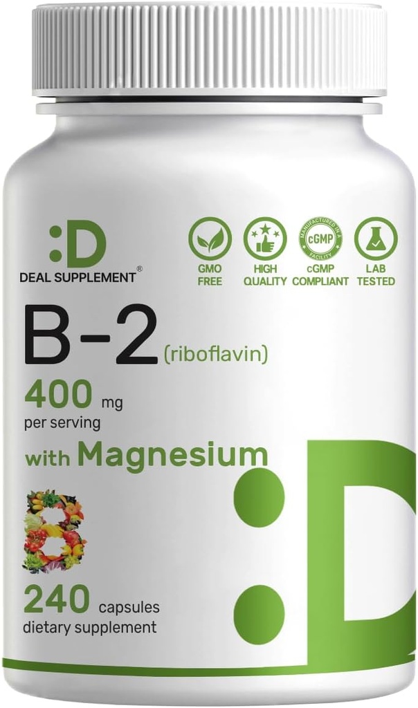 DEAL TÄIENDAV vitamiin B2 400mg (Riboflaviin) | magneesiumglütsinaadiga 400mg, 240 kapslit – 2 in 1 Tervisliku närvisüsteemi, meeleolu, vere ja energia tootmine, mitte-GMO