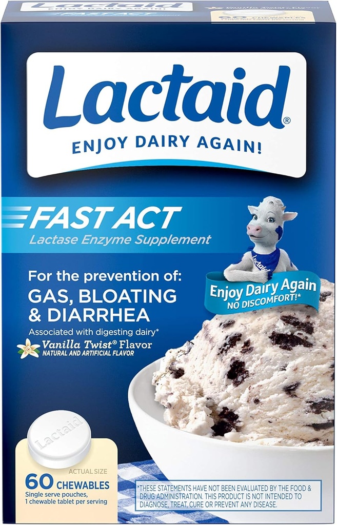 Lactaid Fast Act Laktoosi talumatus närimiskummid laktaasi ensüümidega, Vanilla, 60 krahv