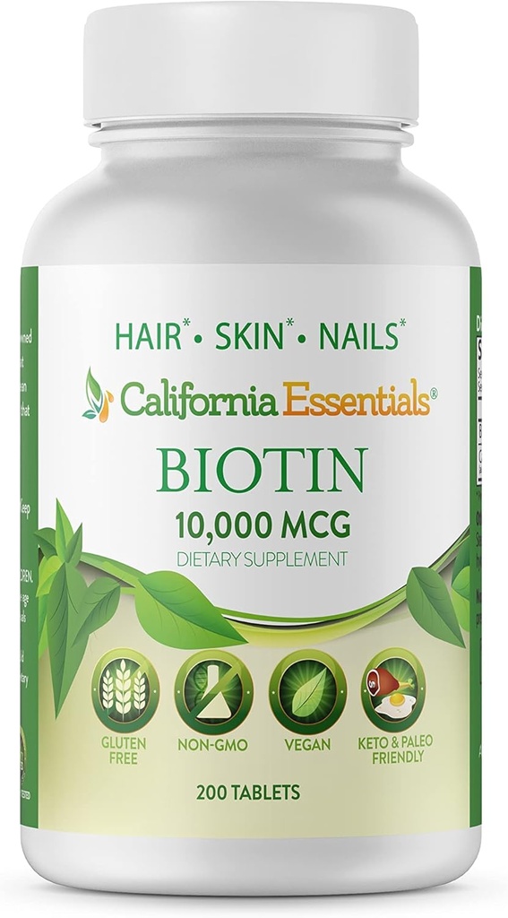 California Essentials Biotin 10000mcg  Vitamin Vitamiin B7 soodustab tervislikku nahka, juuste ja küünte kasvu | Suure potentsiga toidulisand meestele ja naistele | Mitte-GMO, vegan, gluteen ja piimavaba (200 tabletti)