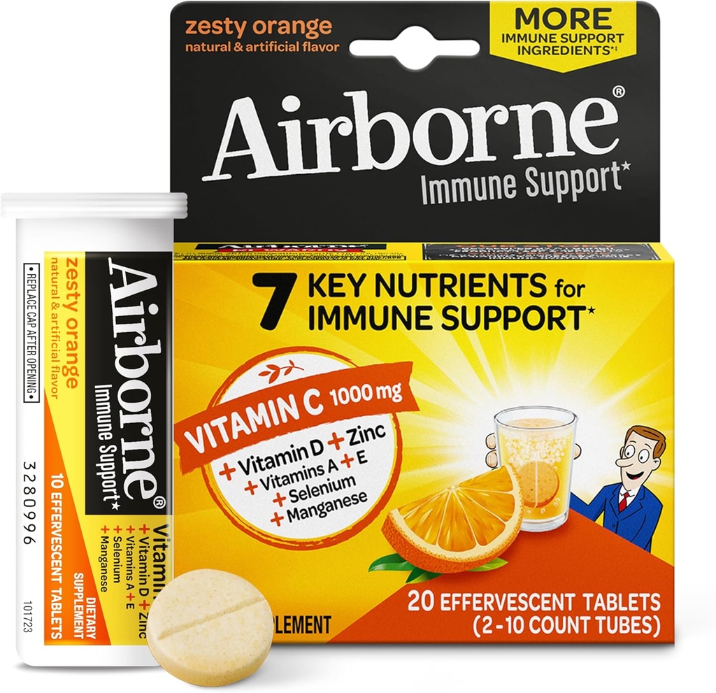 Airborne 1000mg C-vitamiini tsink kihisevad tabletid, immuunsüsteemi tugi täiendada võimas antioksüdandid Vitamiinid A & E - 20 Fizzy Joogi tabletid, Zesty Orange Maitse