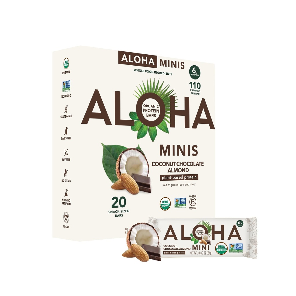 ALOHA Orgaaniline Taimne Valk Baar MINIS | Kookospähkli Šokolaad Mandl | 20 Count, 24g Bars | Vegan, Madala Suhkrusisaldusega, Gluteenivaba, Paleo, Madala Carb, Non-GMO, Stevia Free, Sojavaba, Ilma Suhkrualkoholideta