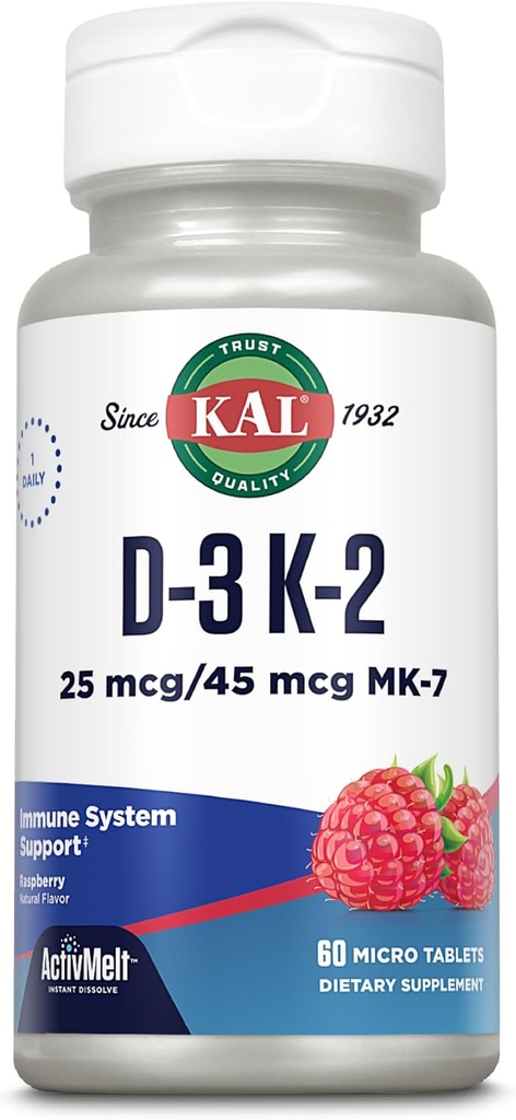 KAL Vitamiin D3 K2 ActivMelt, luu tervise, südame ja immuunsuse tugisammas w/ D3 1000 RÜ ja MK7 Vitamiin K2, kohe lahustuvad tabletid, looduslik vaarikamaitse, 60 serveerimist, 60 mikrotabletti