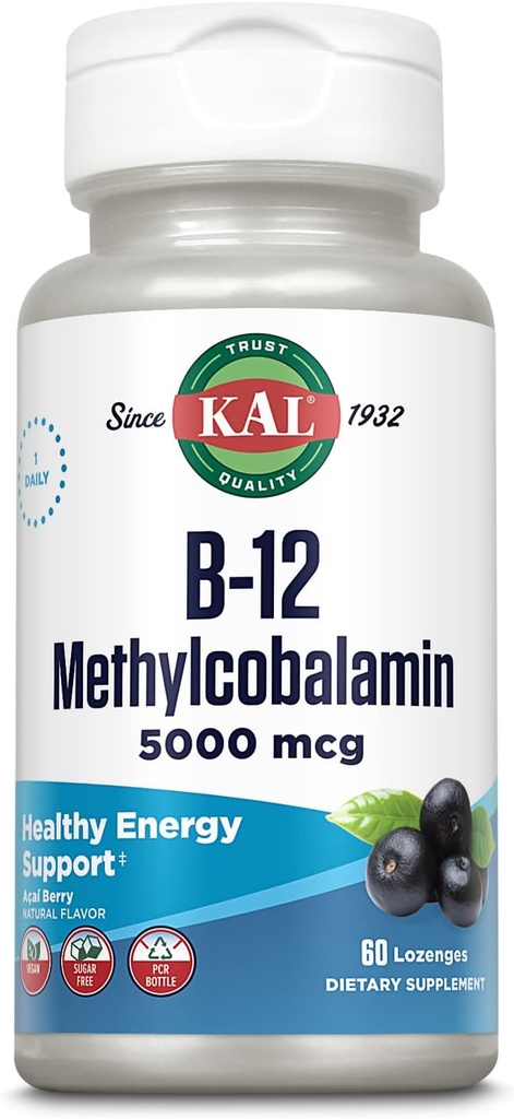 KAL-vitamiin B-12 metüülkobalamiin Lozenges 5000mcg, tervislik energia, ainevahetus, närvide ja punaste vereliblede toetus, * optimaalne imendumine, looduslik acai maitse, vegan, suhkruvaba, 60 serveerimist, 60 küüslauk