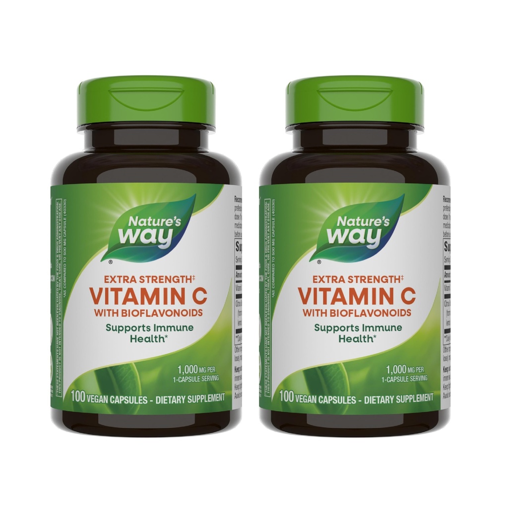 Looduse tee C-vitamiin bioflavonoididega - ekstra tugevus - 1 g C-vitamiini askorbiinhappena - tsitruselised bioflavonoidid - immuunsuse toetamiseks * - Gluteenivaba ja piimavaba - 100 kapslit (2 pakendit)
