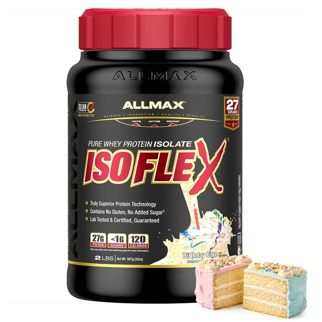 ALLMAX Nutrition - ISOFLEX Vadakuvalgu pulber, vadakuvalgu isolaat, 27 g valku, sünnipäevakook, 2 naela