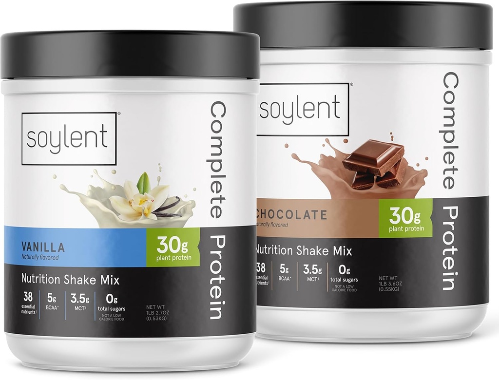 Bundle of Soylent Complete Protein Powder, 30g Protein Shake for Muscle Growth and Recovery, Zero Sugar, Gluten Free, Vegan - Vanilla & Chocolate (Two 1.25LBs Tubs)