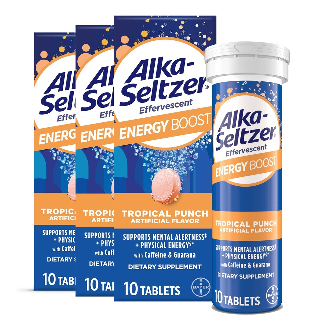 Alka-Seltzer Energy Boost: Kofeiin ja Guarana, B-vitamiinid, toetab vaimset häiret ja füüsilist energiat, igapäevane energialisa, Fizzy tabletid, suhkruvaba, kerge troopiline Punch Maitse, 30ct