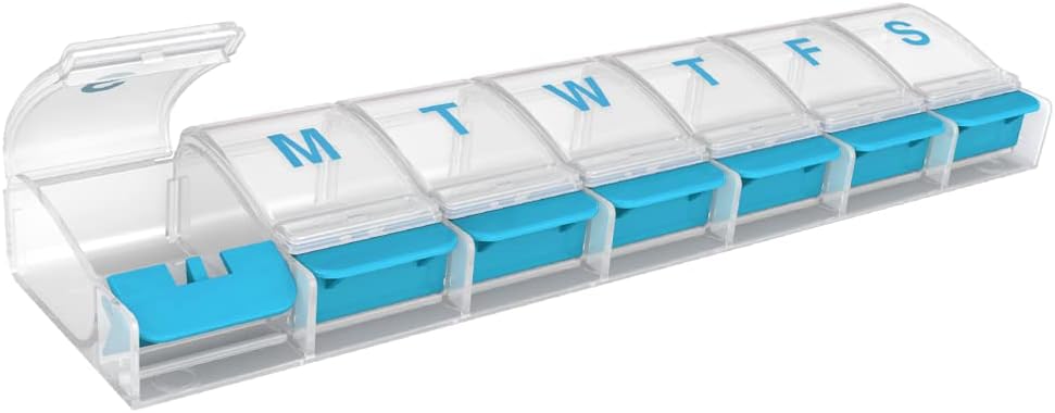 EZY DOSE Weekly (7-päevane) AM / PM Daily Pill Organizer, Vitamiini korpus ja meditsiini konteiner, X-suured komponendid, artriit sõbralik, mugav ja lihtne kasutada, selge / sinine, disain võib varieeruda, BPA tasuta