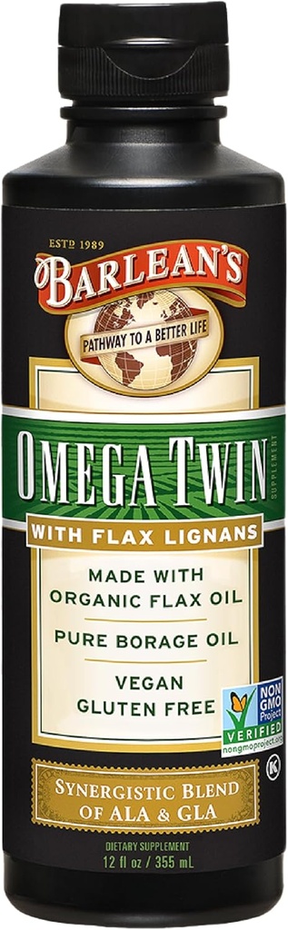 Barlean's Omega Twin Vedel linaseemneõli ja puhas Borage Oil Supplement koos Lignans, 6,010mg ALA ja 465mg GLA Omega Rasvhapped orgaanilise linaseemne ja külmpressitud kurgiseemned, 12 oz