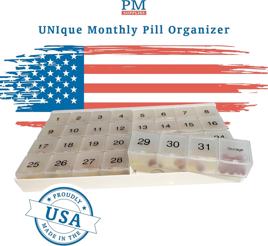 Unique XL Monthly Pill Organizer with 31 compartments, 1 per Day, 4 Week Full Month 31 Day Pill Organizer, Includes Tray and 8 Extra Large Removable compartments