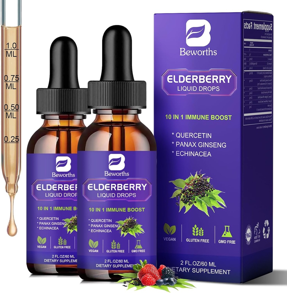 2 Pack Elderberry Syrup, Black Elderberry tilgad Quercetin, Panax ženšenn, vitamiin C ja tsink, Sambucus Elderberry Syrup Vedelik immuunsüsteemi toetuseks, Vegan, Non-GMO & Gluteenivaba