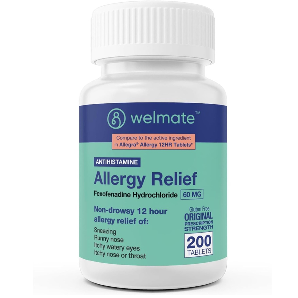 WELMATE - Allergia leevendus - Fexofenadiin HCl 60 mg - 12 tundi Mitte- unisus Antihistamiin - Aevastamine - Runny Nina - Sügelevad silmad, nina ja kurk - Allergia leevendus tabletid - 200 Count