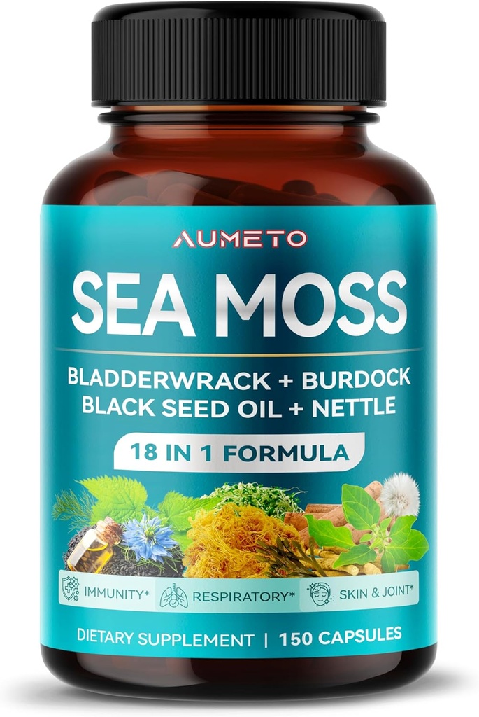 Premium Sea Moss Supplement Black Seed Oil, Ashwagandha, Põiewrack, Nettle- Advanced 18-in-1 valem immuunsuse suurendamiseks, Mineral-Richi - valmistatud USAs (150 loend (1. pakk))