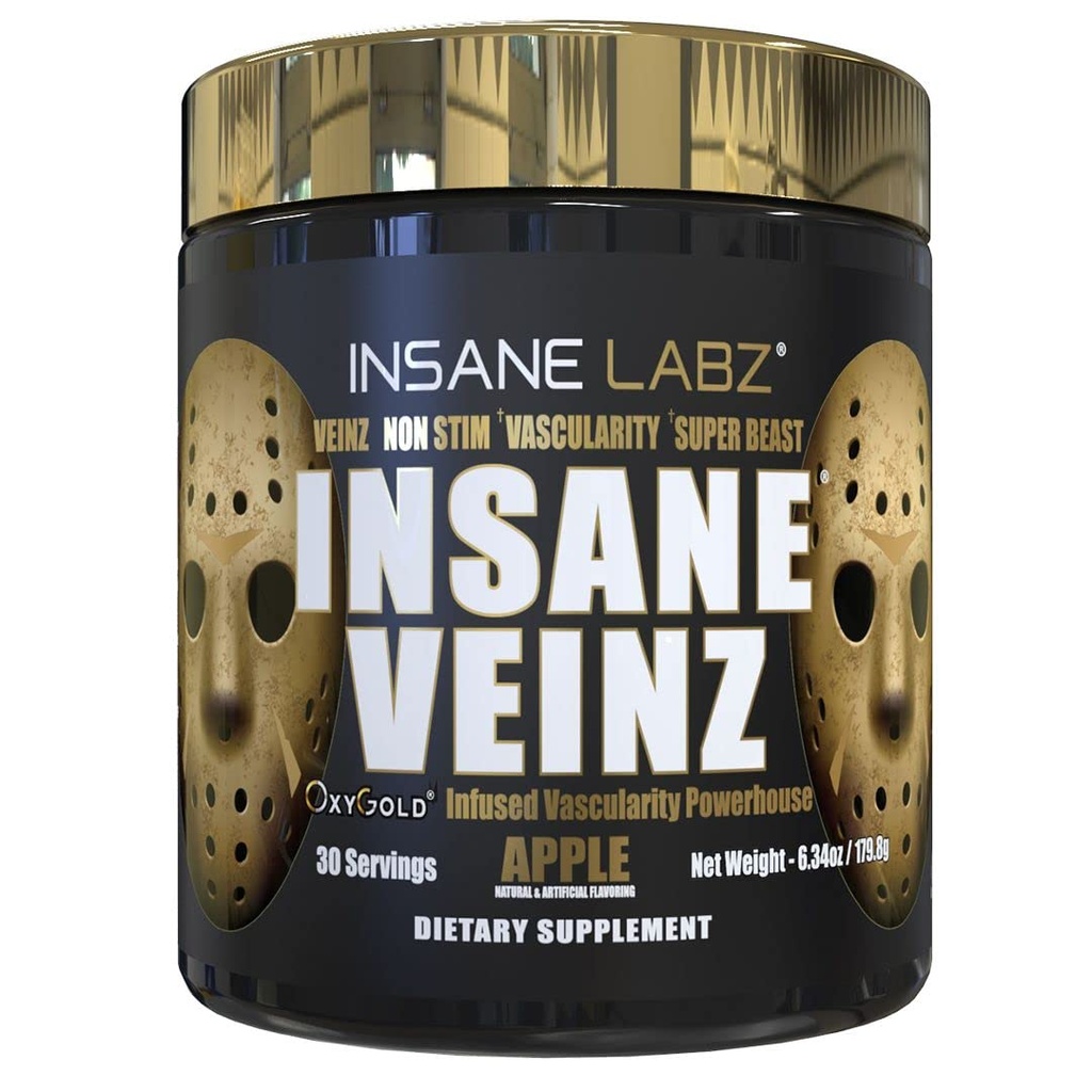 Insane Labz Insane Veinz Gold, Lämmastikoksiidi Mittestimuleeriv Pre Workout Pulber, laaditud Hydromax, Nitrosigine, suurendab veresoonte ja verevoolu, 30 Srvgs, Apple