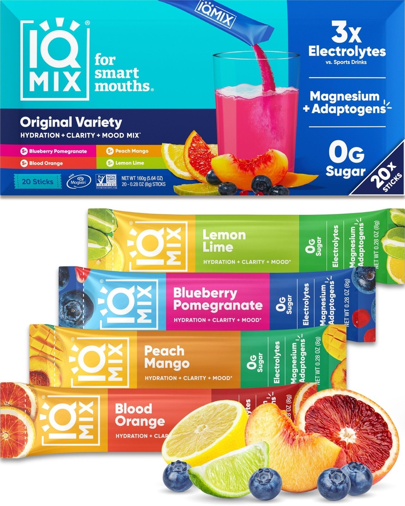 IQMIX Hüdrolüüsi elektrolüütide pulber - 4-in-1 valem hüdratsiooniks, vaimseks selguseks, meeleoluks ja taastumiseks - suhkruvaba joogi segu, Keto, magneesium L-Threonate, Lõvi Mane - 20 krahvi sordipakett