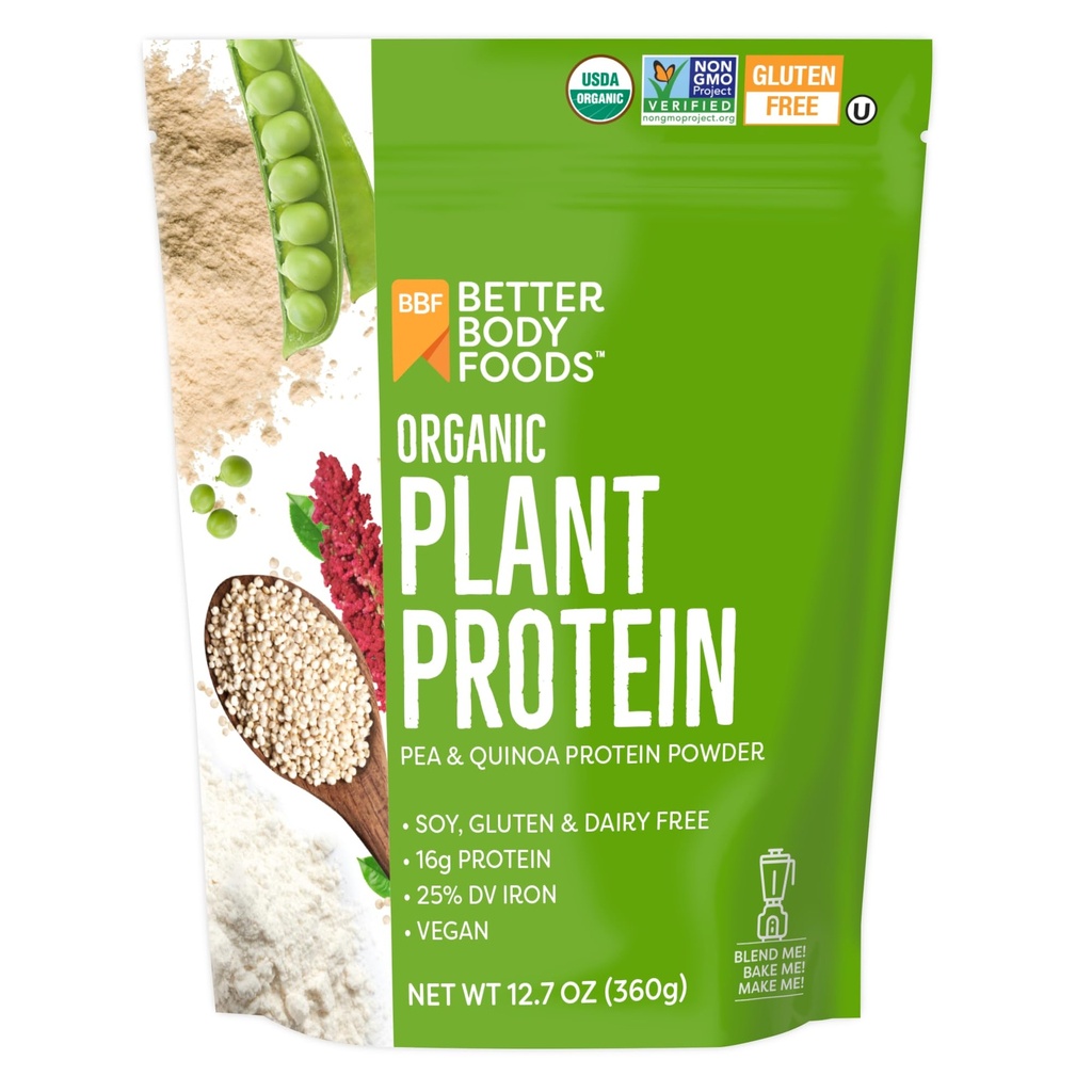 BetterBody Foods Orgaaniline taimepõhine valgupulber, 16 g valku 24% DV, vegan, madala netosüsivesikuid, gluteenivaba, piimavaba, suhkrulisandita, sojavaba, mitte-GMO, 12,7 ühikut
