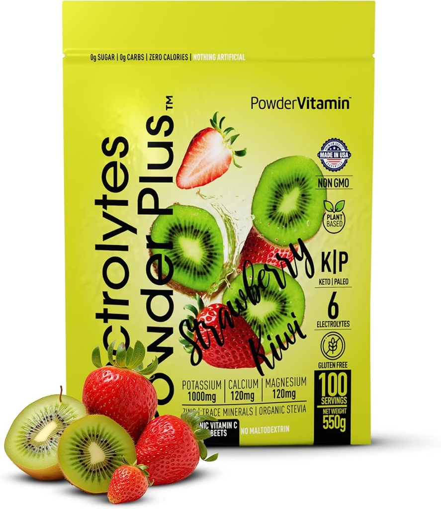 PowderVitamin Electrolytes Powder Plus (100 Servings) Maasikas Kiwi Elektrolüüt Pulber Nullkalor Keto,0 Suhkur, No Maltodekstriin,1000mg Kaalium,120mg Kaltsium,120mg Magneesium, Hüdratsioonipulber