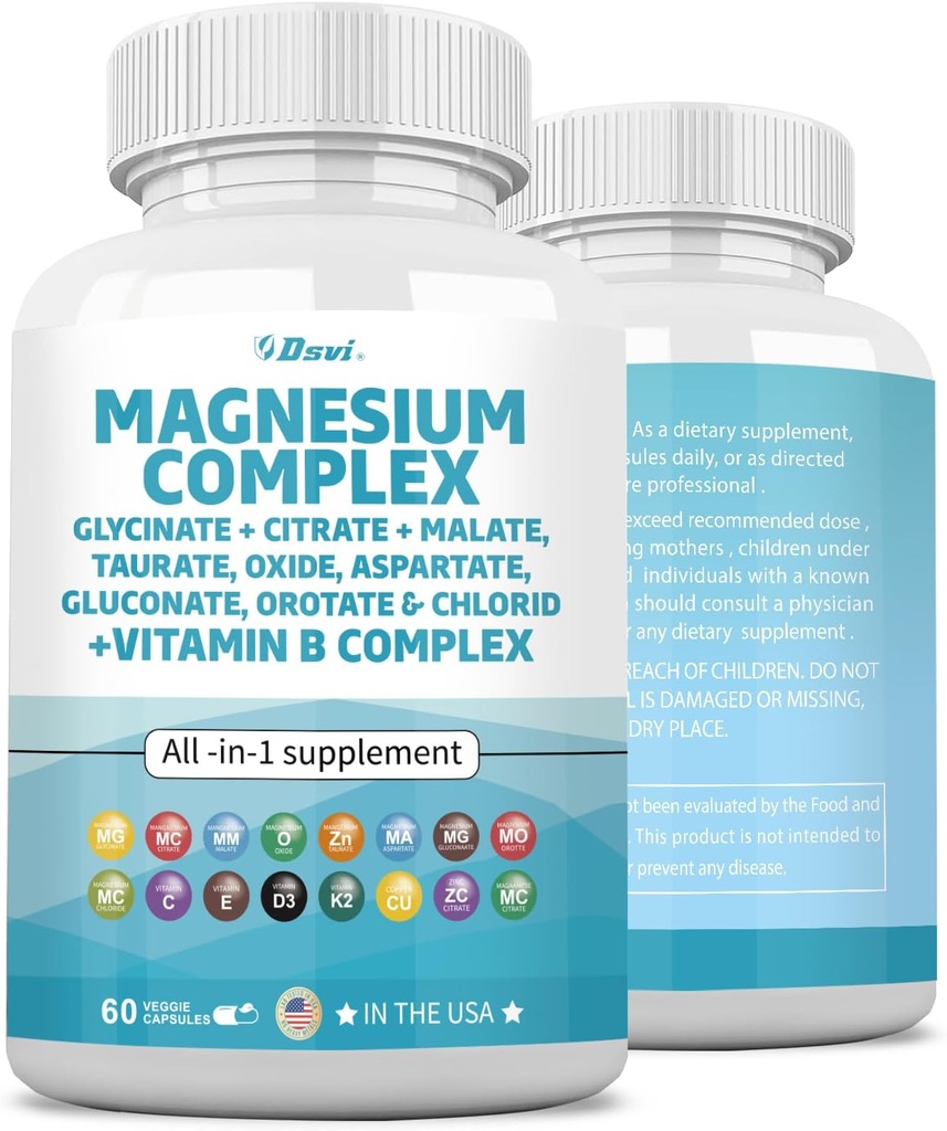 60 Count Magnesium Complex 2285mg koos magneesiumglütsinaat tsitraatmalaatoksiid Tauraat Aspartaat Glükonaat Orotaat & Mag Chloride, tsink vaskmangaan & Vitamiin C B1 B2 B6 B12 Complex USA