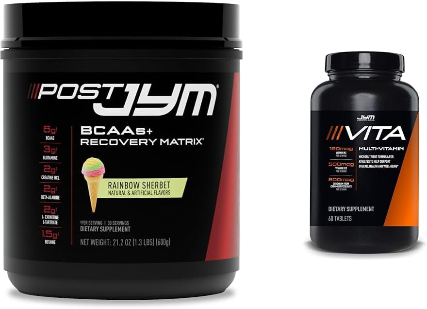 Post JYM Active Matrix pärast treeningut BCAA-de, glutamiini ja rohkema vikerkaarega Sherbert Flavor + Vita JYM Sportlase multivitamiin üle 25 põhikoostisosaga 60 tabletti