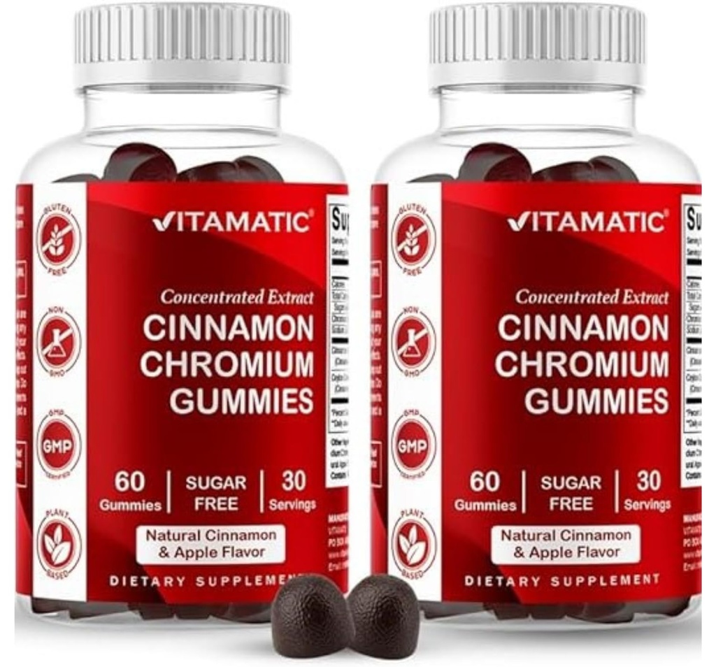 Vitamatic Sugar-Free Chromium Gummies with Ceylon Cinnamon – 2000 mg Equivalent Per Serving (alates Ekstraktist 83 mg) – Non-GMO, Gluten-free – 60 Vegan Gummies – 2 Pack