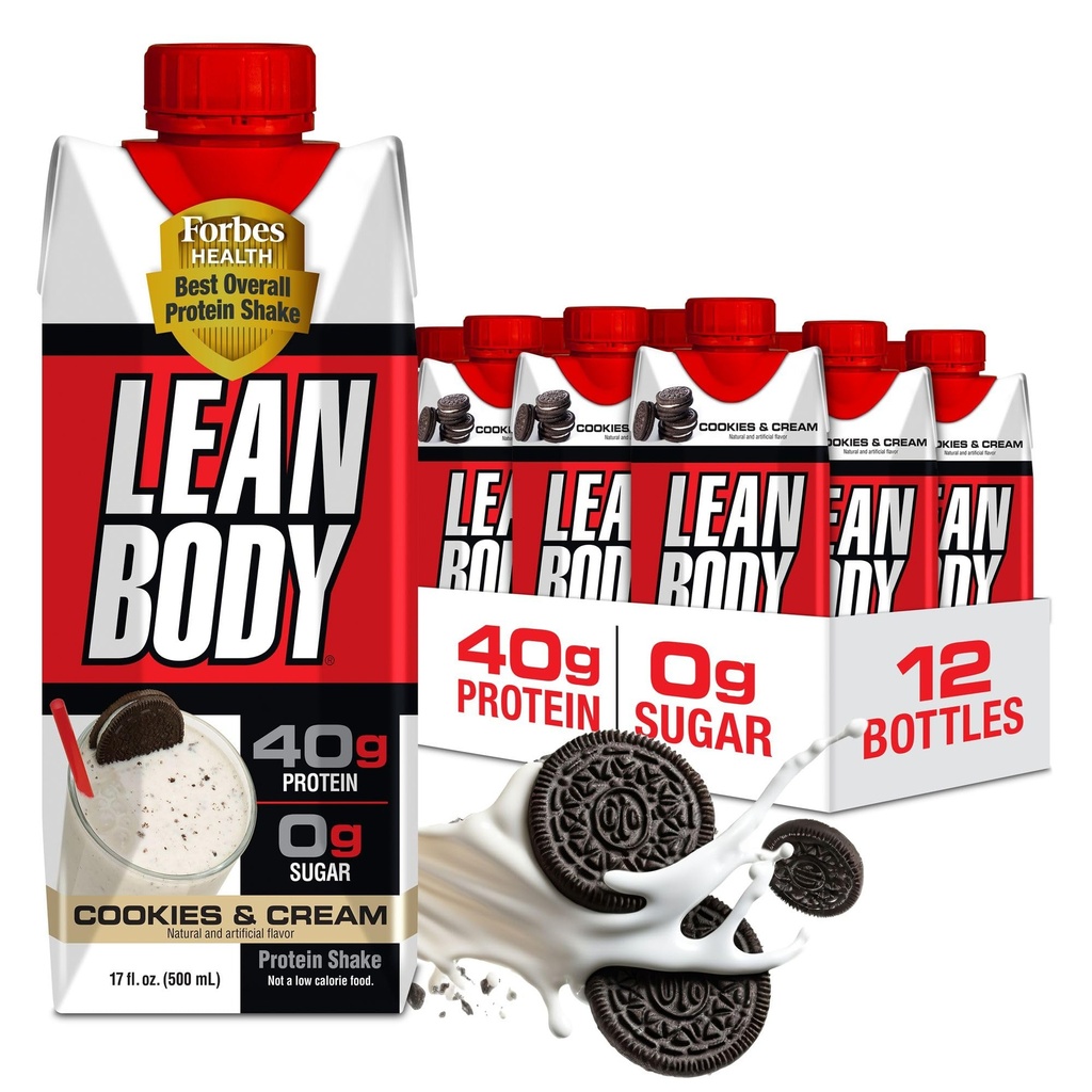 Lean Body Ready-to-Drink Cookies and Cream Protein Shake, 40g Protein, Whey Blend , 0 Suhkur, Gluteen No, 22 Vitamiinid ja mineraalid, (Recyclable Carton & Lid - Pack of 12) LABRADA , 17 Fl Oz (Pack of 12)