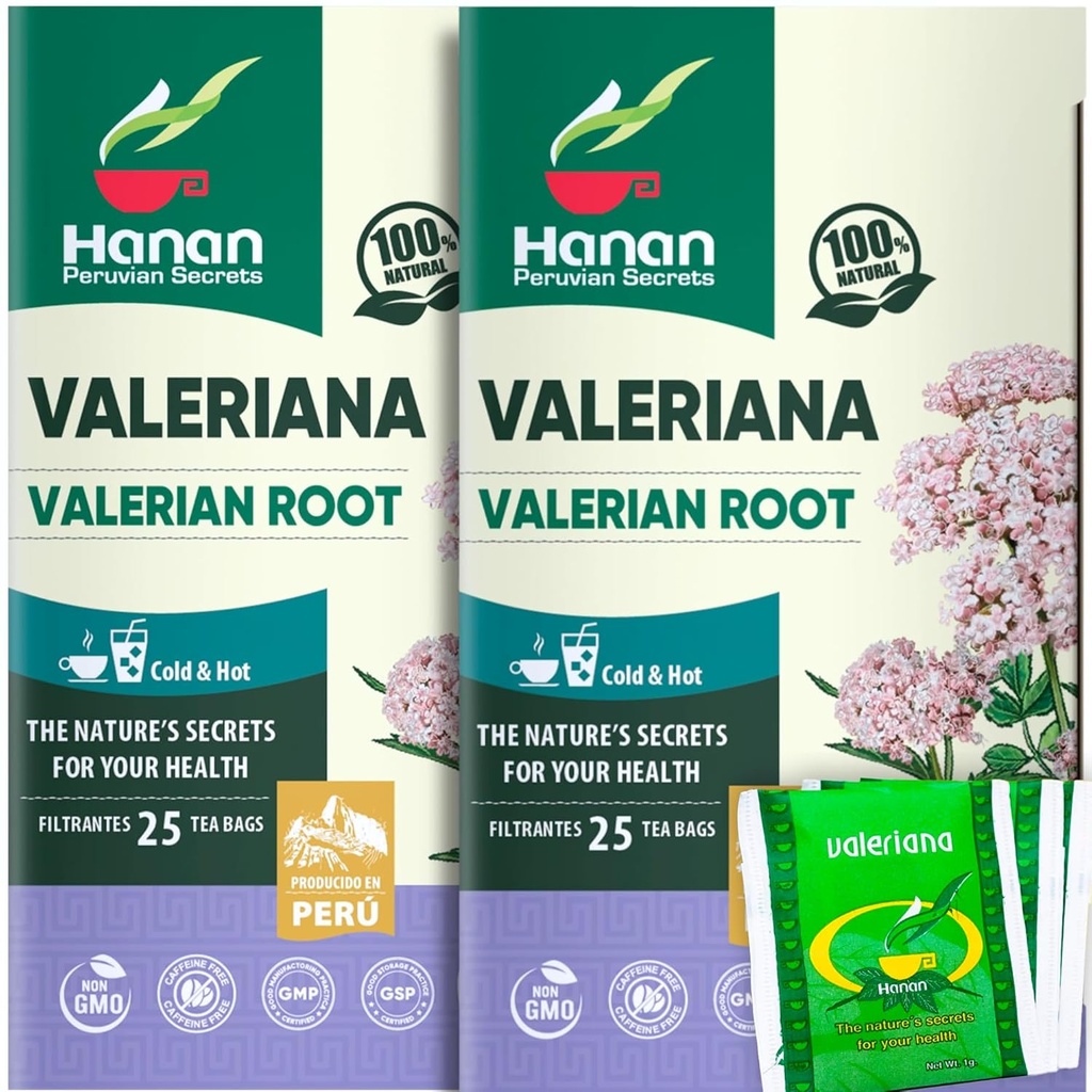 Hanan Valerian Juurtee magamaminekuks (50 kotti) - Te de Valeriana, Taimne rahustav öö tee - 100% puhas, kofeiinivaba, mitte-GMO, maitsetaimed Peruust - Pakend 2 kasti