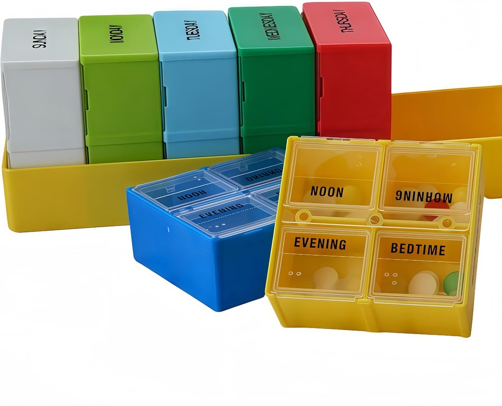 Suured iganädalased pillijuhtumid, 7-päevased pillide juhtumi osad, pillide korraldaja 4 korda päevas, 4-A-päevane pillide konteiner, turvalised osad, 7,8 x 2,3 x 2,3 in, kollane