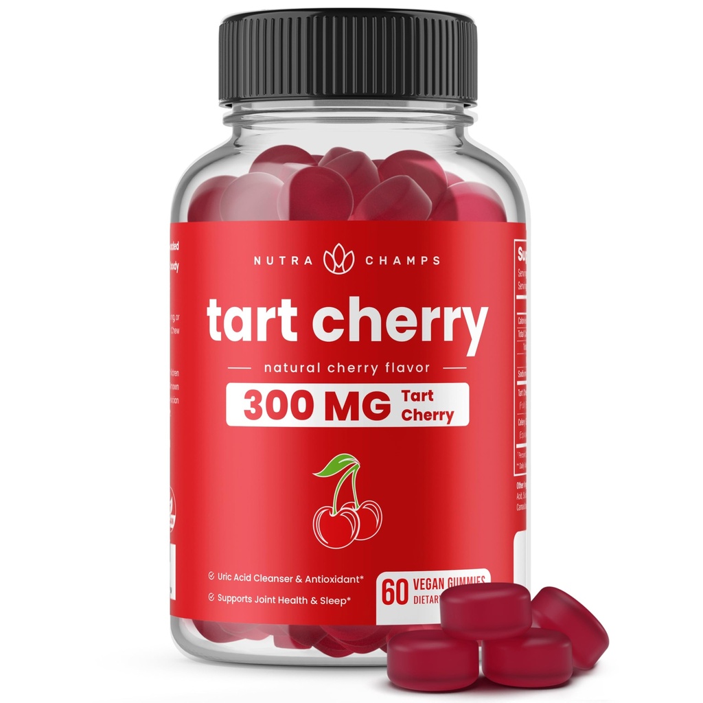 NutraChamps Tart Cherry Gummies - 3000mg Tart Cherry Extract koos Selleri Seeme - Uric Acid Cleanse Supplement - Antioksüdant, ühine mugavus, paindlikkus, immuunsus Tervis, Sleep - 60 Vegan Gummies