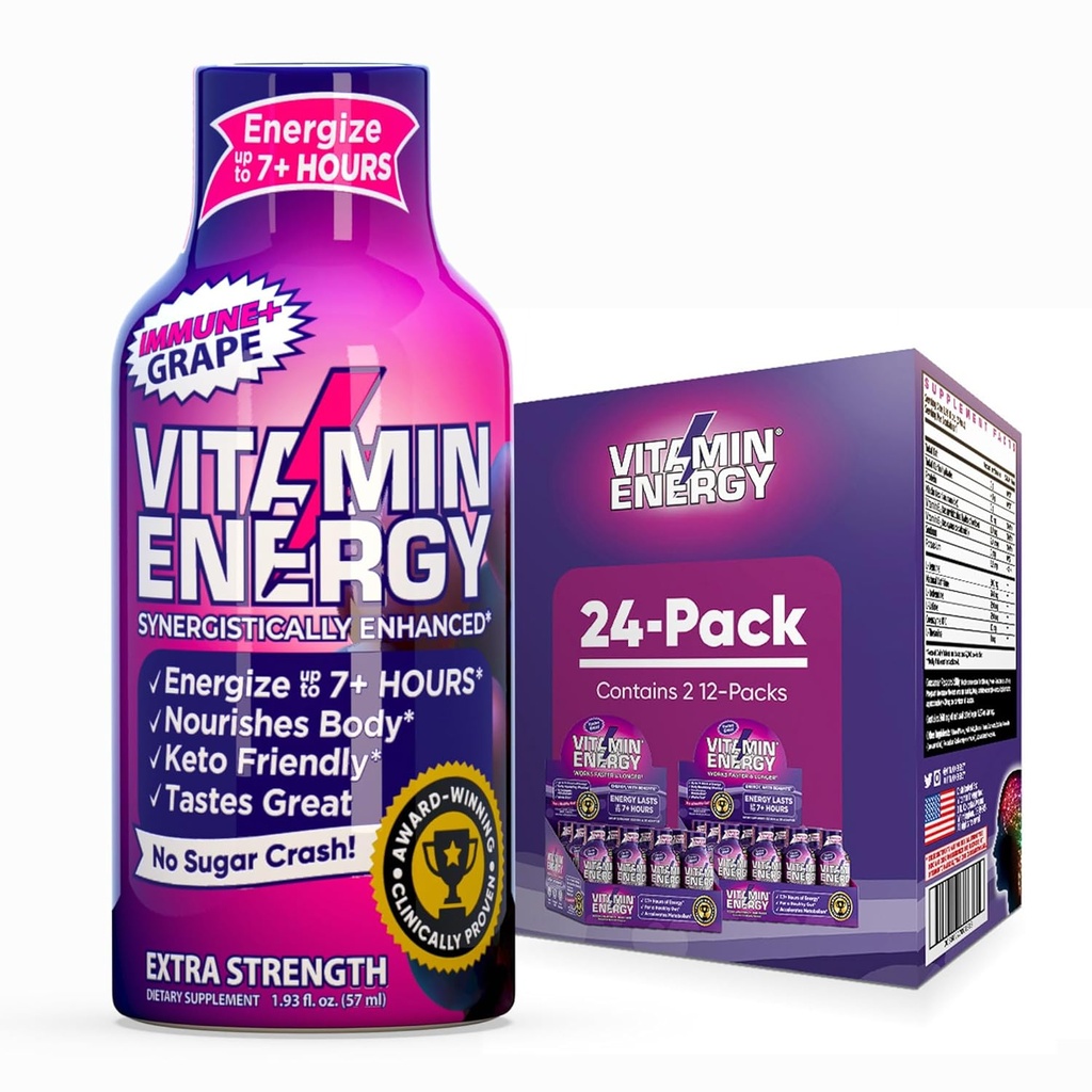 Vitamiinenergia Immuunsus + ekstra tugevus Energia Shot Grape 24 Pack, 260mg looduslik kofeiin, B-vitamiinid, tsitikoliin, roheline tee, immuunsuse ja fookuse toetus, null suhkur, gluteenivaba 1,93 fl oz