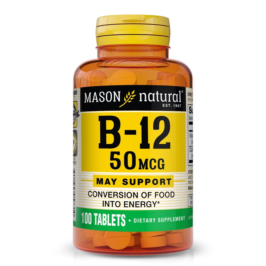 MASON LOODUSLIK vitamiin B12 50 mcg kaltsiumiga, 100-päevane pakkumine, toidulisand loodusliku energia taseme toetamiseks, 100 tabletti (1. pakend)