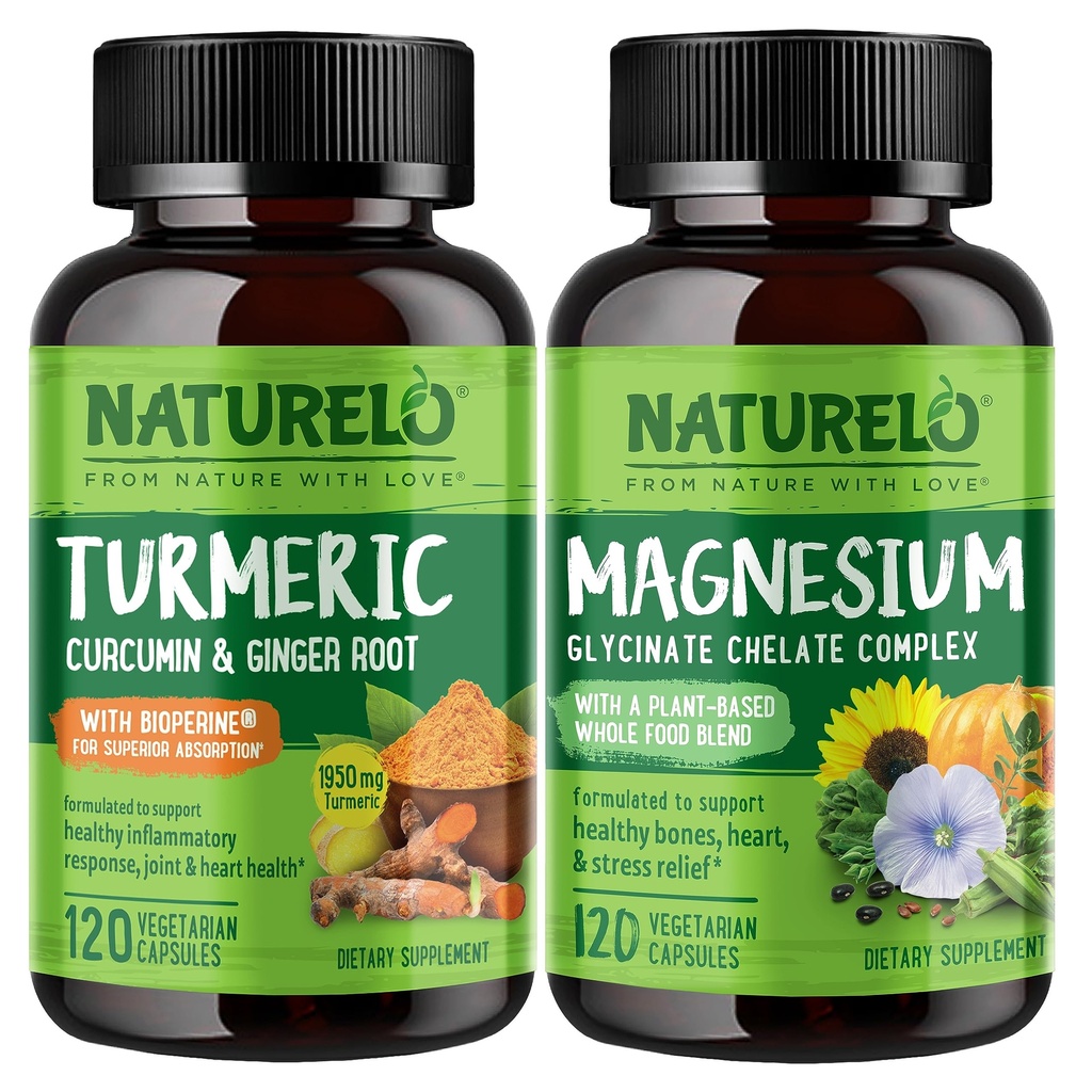 NATURELO Tumeeriline kurkumiin , taimepõhine liigestugi , magneesiumglütsinaat , 200 mg magneesiumi - gluteenivaba , mitte GMO - 120 kapslit