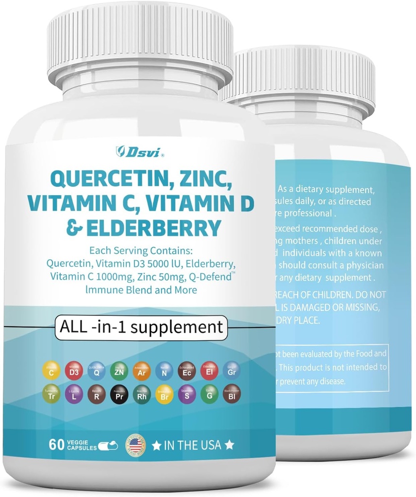 Quercetin 1000mg Tsink 50mg Vitamiin C 1000mg Vitamiin D 5000IU Immuunsüsteemi tugilisa Echinacea Ingver Bromelain Sea Moss Küüslauk Vegan Kapslid meestele ja naistele, 60 Count USA