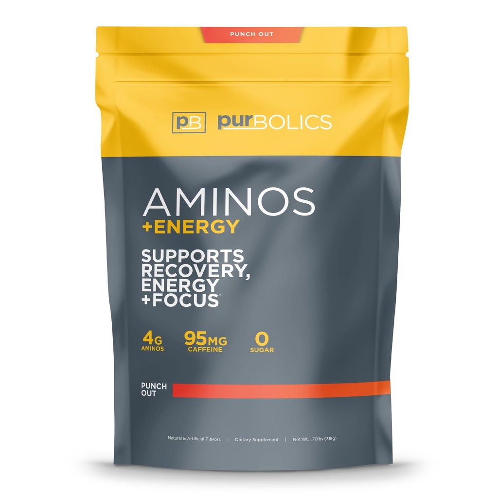 Purbolics Aminos + Energy | toetab taastumist, energia ja fookus | 95mg kofeiini, 0 suhkrut ja 60 serveerimist (Punch Out)