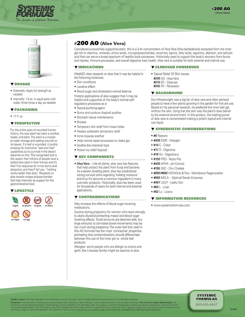 Süsteemsed valemid Aloe Vera #200-16 oz Premium Hinne seedetrakti tervise ja heaolu - puhas Aloe Vera ekstrakt