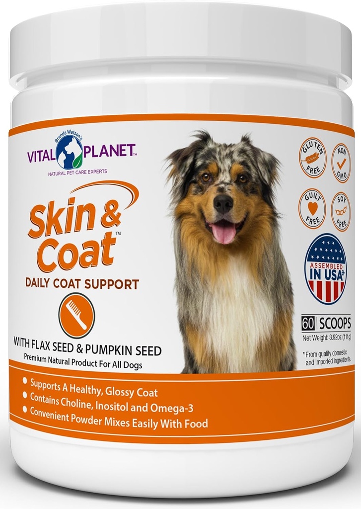 Vital Planet - Naha- ja karvapulbri lisand koertele, kellel on koliin, inositool, kõrvits, lina ja oomega-3 õlid, et toetada pehmet läikivat tervislikku katet ja hooajalisi allergiaid - 60 Scoops, 111g, 3.92oz
