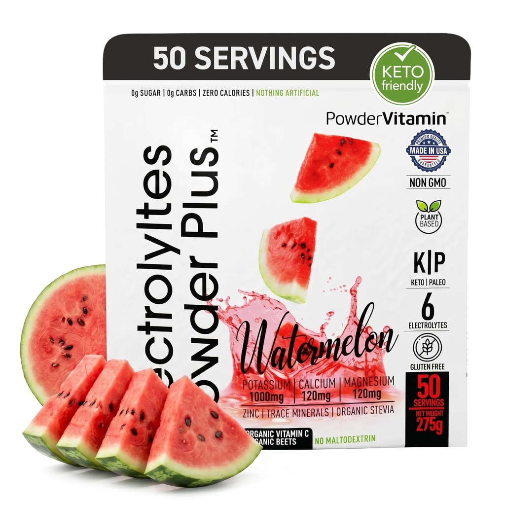 Elektrolüüdid Pulber Plus (50 Servings), 0 kalorit Keto, 0 Suhkur, Ei Maltodekstriini,1000mg Kaalium, 120mg Kaltsium, 120mg Magneesium, Hüdratsioonipulber (50 Servings, Arbuus)