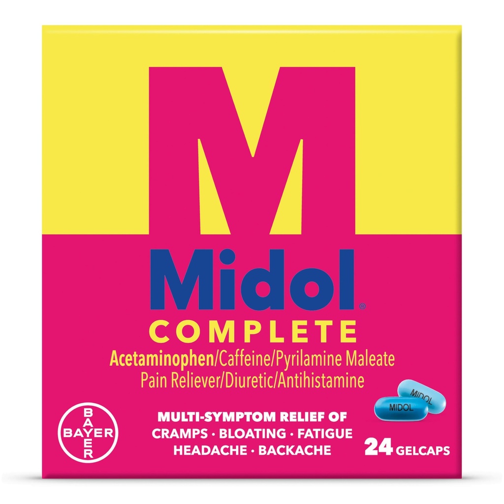 Midol Complete Gelcaps 24ct: Midol Complete Menstrual Pain Relief Gelcaps atsetaminophen menstruaalsümptomite, PMS Relief ja perioodi krampide leevendamine - 24 Count (pakendamine võib varieeruda)