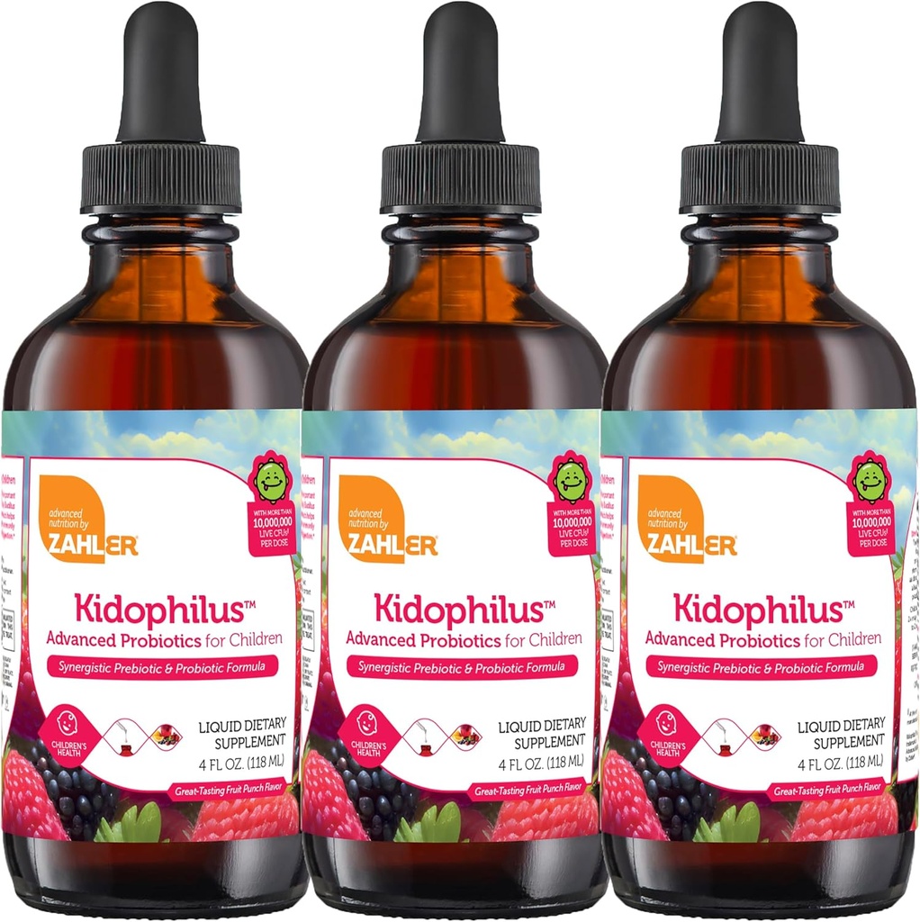 Zahler - Kidophilus Liquid tilgad probiootikumid lastele (4 Fl Oz) Sertifitseeritud Kosher, tervisliku seedimise ja immuunsuse toetamiseks - Puuviljapunch Maitsestatud Laste Probiootikumid Täiendus (3 Pack)