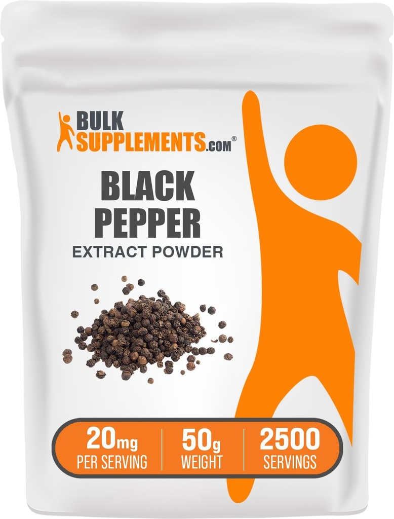 BulkSupplements.com Black Pepper Extract Pulber - Black Pepper Supplements, Piperine Supplements - Vegan & Gluten Free, 20mg per Serving, 50g (1,8 oz) (pakk 1)