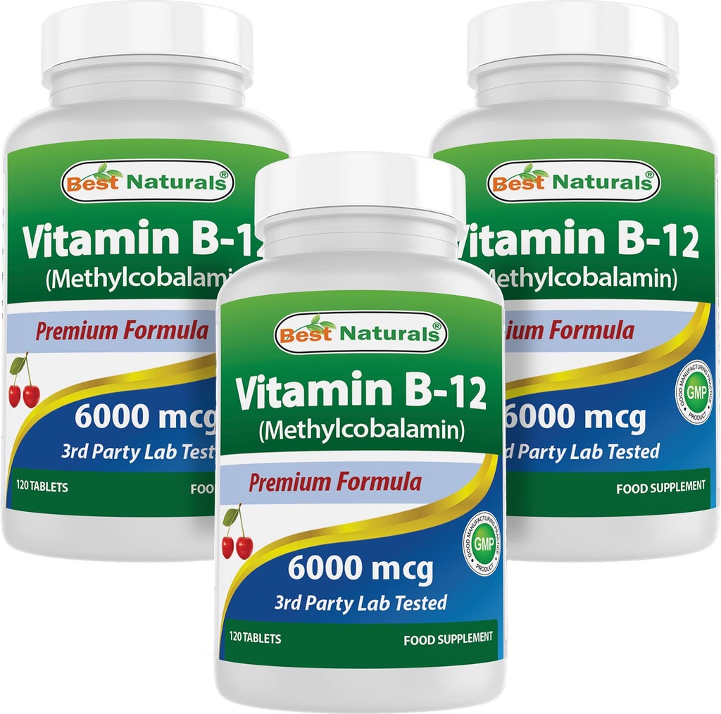 Parimad looduslikud vitamiinid B-12 kui metüülkobalamiin (metüül B12), 6000 mcg 120 keelealused tabletid (120 loendit (3 pakendit))