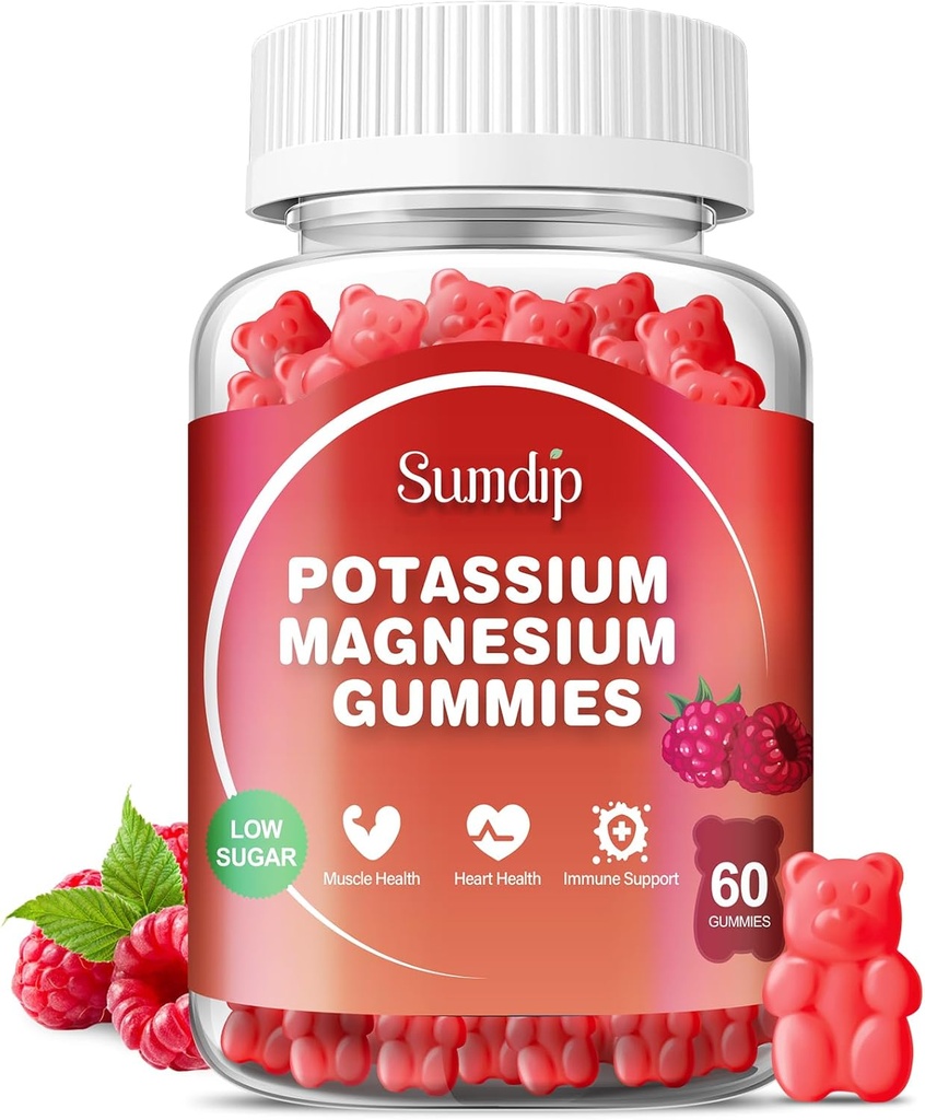 Kaalium Magneesium Gummies Kaaliumilisandid Kõrge imendumine Kaaliumtsitraat Magneesiumtsitraat, tugijala krambid Lihaslõõgastus meestele ja naistele 60 Gummies, Vaarika